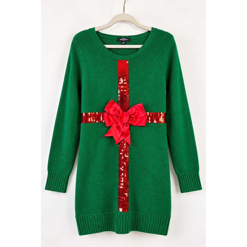 Ransom Women's XL Green Christmas Sweater Dress Red Sequin Bow Gift Present